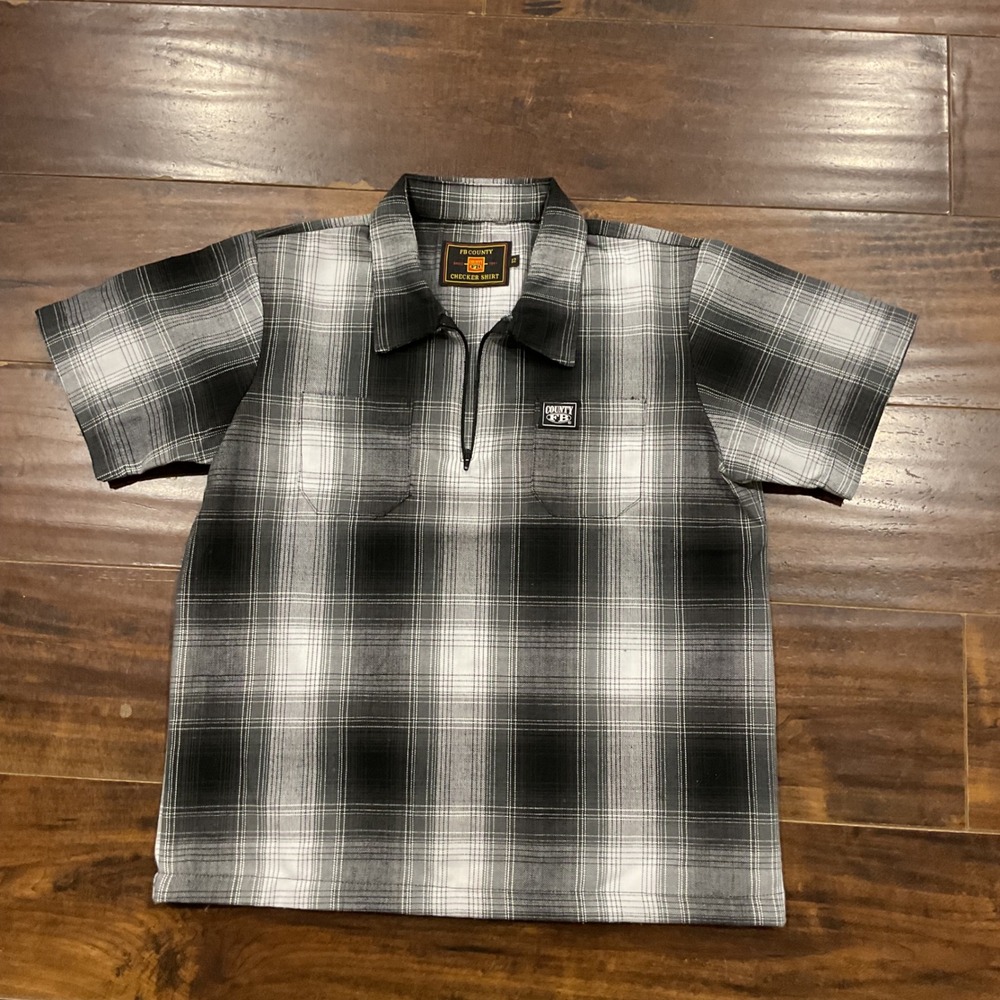 FB County Kids Checker Shirt Black White Plaid Quarter Zip Short Sleeve Size 12
